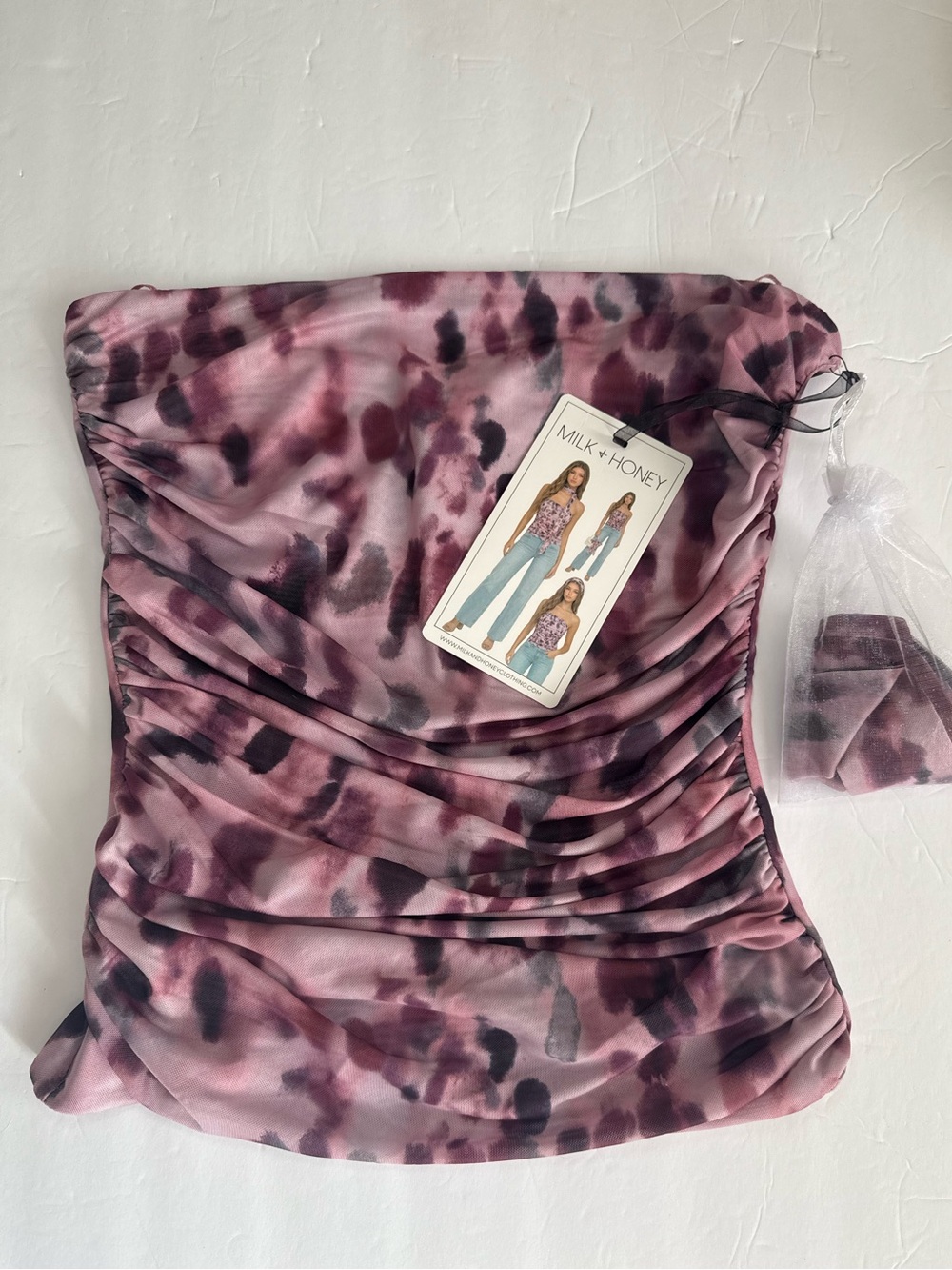 Milk + Honey Pink Abstract Animal Print Ruched Tube Top Y2K - Size S - NWT